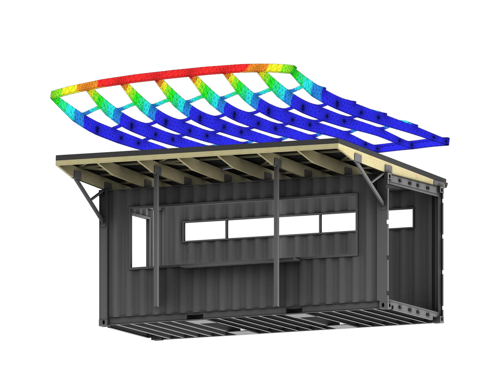 Container structure render with engineering analysis overlay