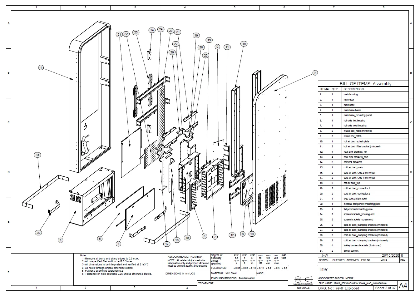 Manufacturing drawing with exploded component callouts