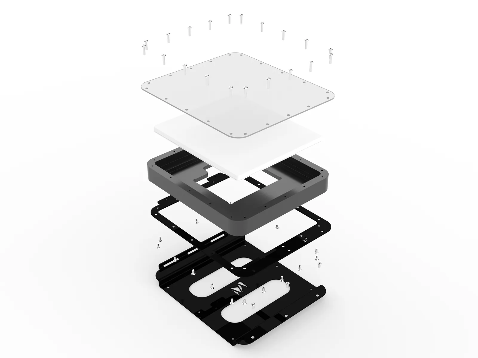 Exploded assembly render of manufactured hardware components